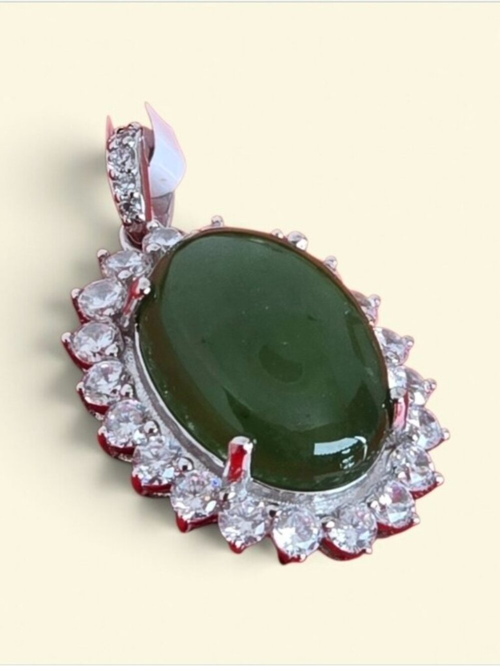 925 Sterling Silver Pendant with Natural Jade 10x15mm & Cz